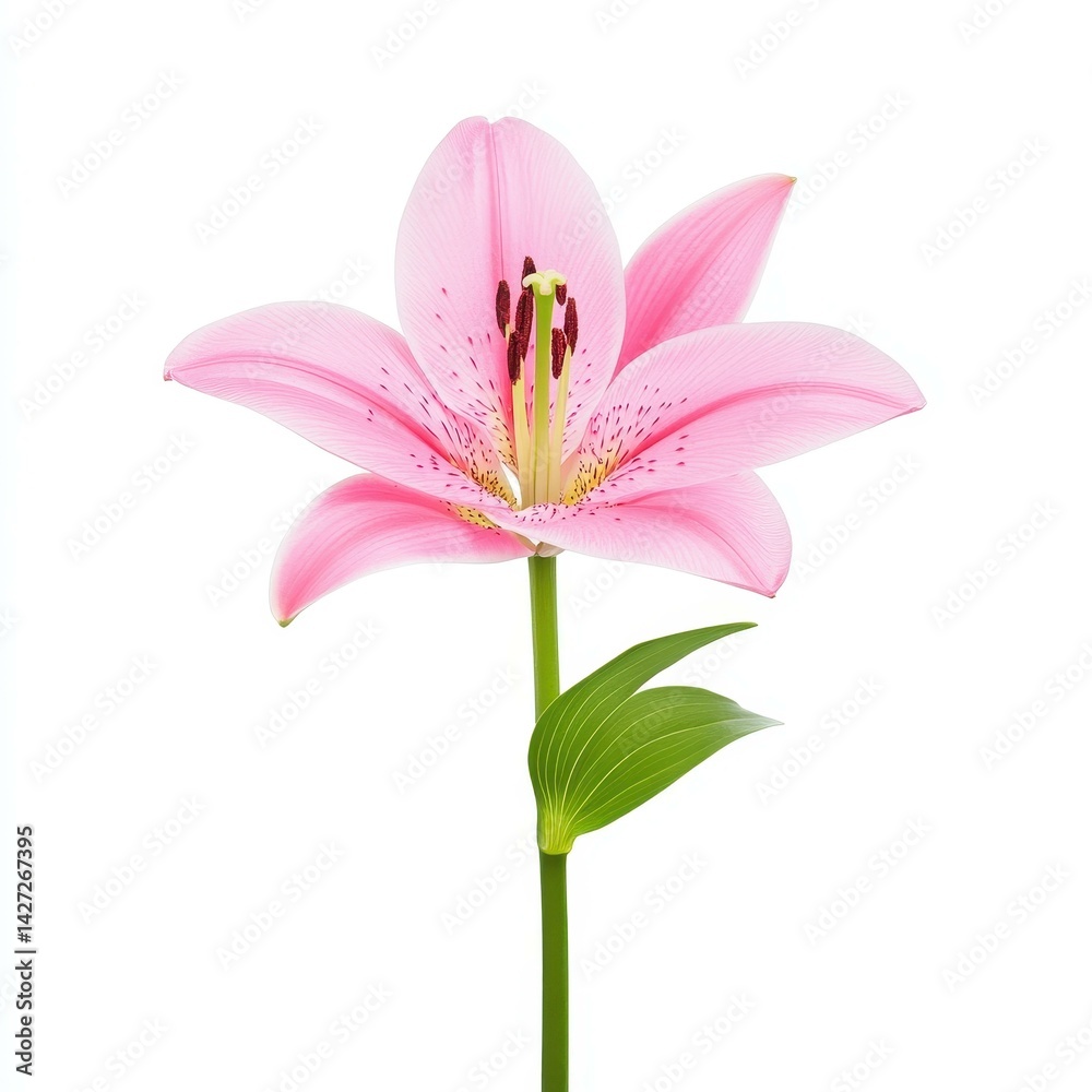 Naklejka premium A beautiful pink lily blooms gracefully against a white backdrop, showcasing natures elegance in simplicity.