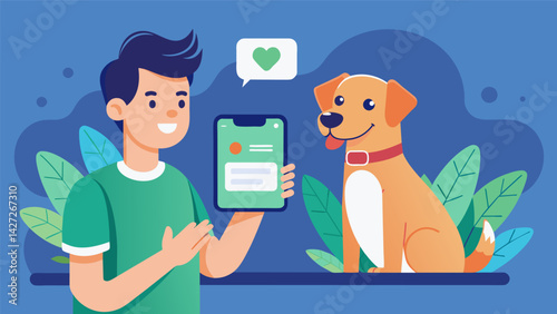 A dog owner holding up a smartphone displaying their pets digital identity chip information ensuring their furry friend will always find its way back. Vector illustration