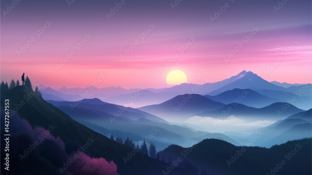 Obraz premium Sunset over majestic mountains serene landscape digital art tranquil environment panoramic view nature's beauty