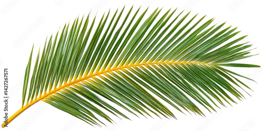 Obraz premium Isolated Green Palm Frond with Yellow Stem on White Background Detailed and Vibrant