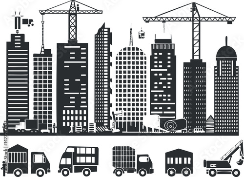 A silhouette illustration of a city skyline with construction cranes and various vehicles.