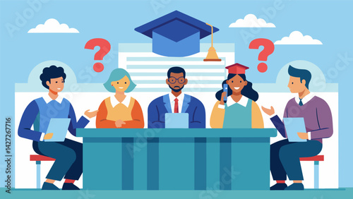 A panel discussion at a university featuring experts and students discussing the current state of student loan laws and proposing potential solutions.. Vector illustration