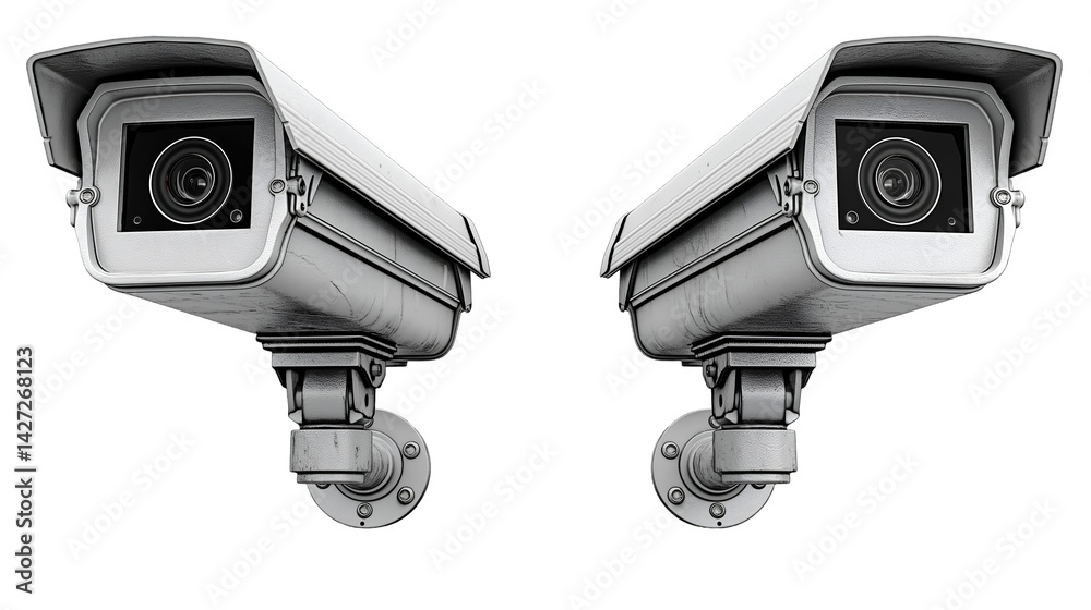 Grey Security Cameras Modern Digital CCTV, Wall-Mounted Surveillance. Grey Security Cameras Modern Digital CCTV, Wall-Mounted Surveillance.