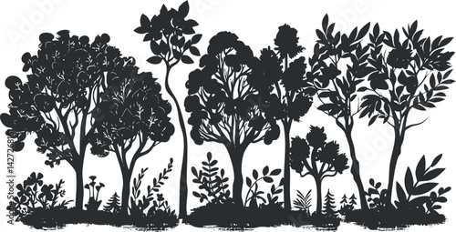 A detailed silhouette of various trees and plants showcasing nature's beauty and diversity.