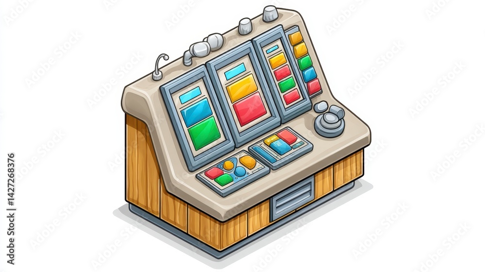 Isometric Pixel Art Control Panel with Colorful Screens and Wooden Base