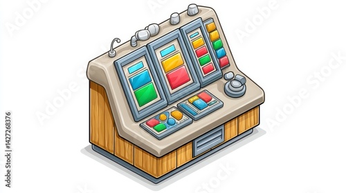 Obraz na płótnie Isometric Pixel Art Control Panel with Colorful Screens and Wooden Base w salonie