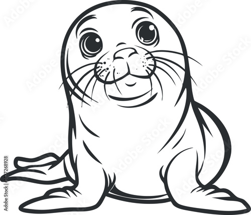 A cute cartoon illustration of a smiling seal pup sitting happily in a playful pose.