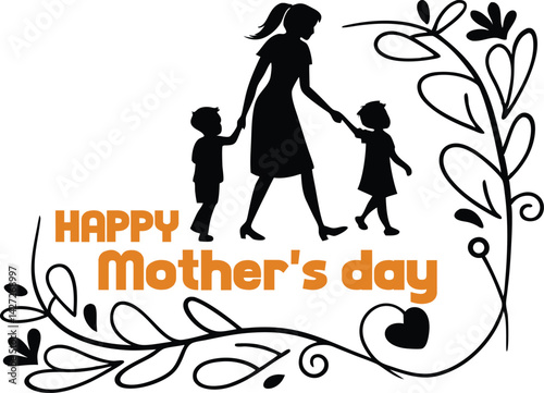 Vector Silhouette of Mother and Child with Floral Accents