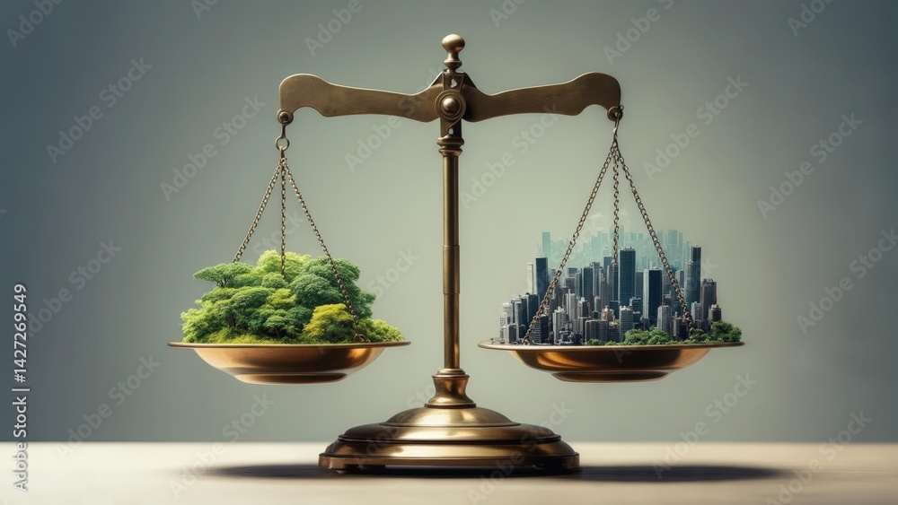 Golden balance scale weighing lush green forest against modern city skyline, symbolizing nature versus urbanization Golden balance scale weighing lush green forest against modern city skyline, symbolizing nature versus urbanization