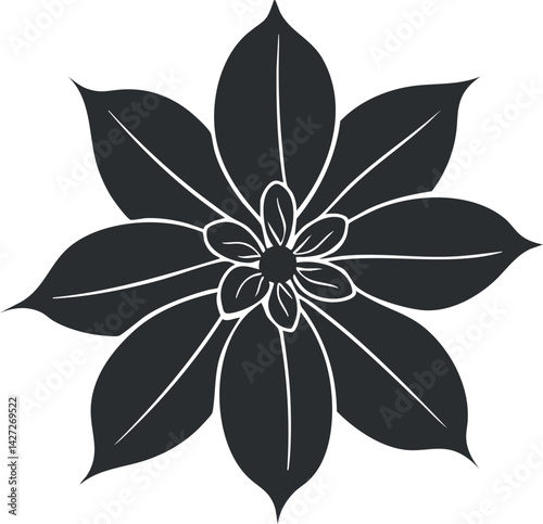 Stylized black silhouette of a flower with intricate petals and central bloom design.