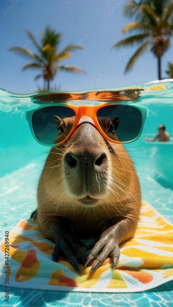 Capybara wearing orange sunglasses relaxing on a towel in a swimming pool with palm trees in the background
