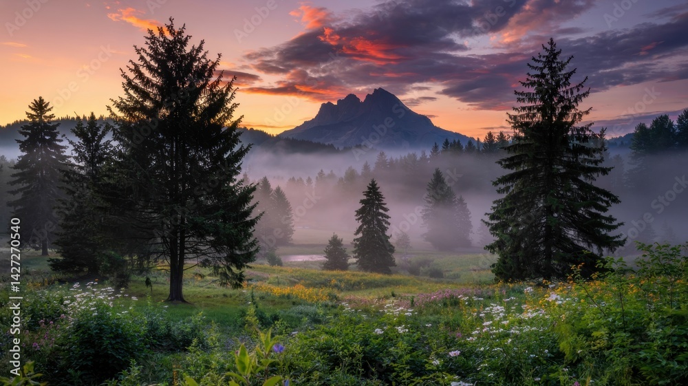 Scenic mountain landscape at sunrise with misty forest, colorful sky, and wildflowers in the foreground
