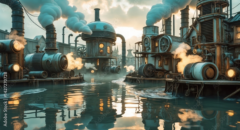 Steampunk-inspired industrial cityscape with water canals and steam-powered machinery at sunset