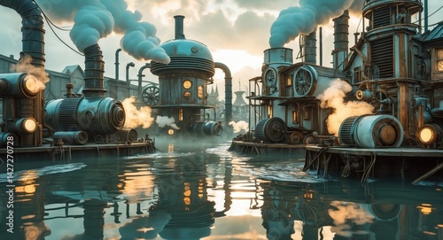 Obraz na płótnie Steampunk-inspired industrial cityscape with water canals and steam-powered machinery at sunset w salonie