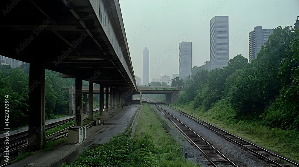 Fototapeta premium Urban Train Tracks Under Overpass In Cityscape
