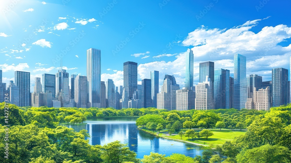 Fototapeta premium Lush city park scene with skyscrapers and a serene lake