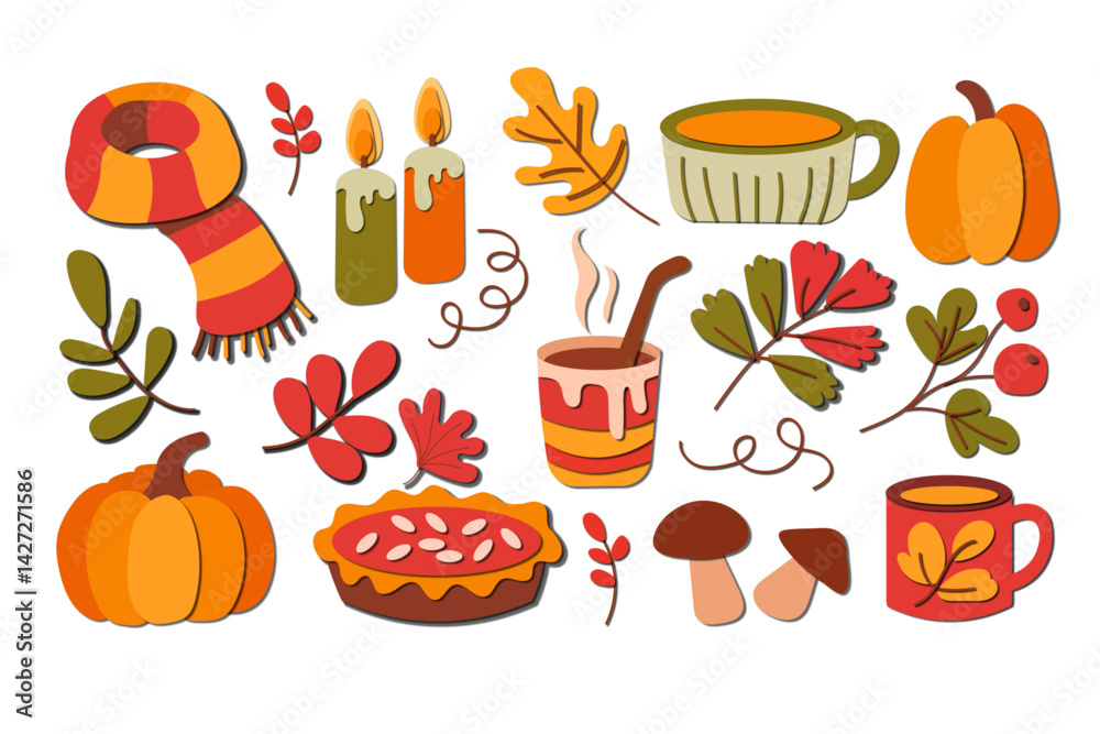 Set of autumn leaves mushroom,acorn berries in paper cut style. Vector 3d collection forest plants oak maple chestnut leaf,scarf,coffee shake Papercut craft elements for Thanksgiving day poster design Set of autumn leaves mushroom,acorn berries in paper cut style. Vector 3d collection forest plants oak maple chestnut leaf,scarf,coffee shake Papercut craft elements for Thanksgiving day poster design