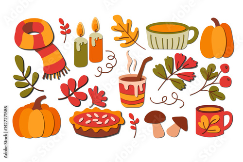 Set of autumn leaves mushroom,acorn berries in paper cut style. Vector 3d collection forest plants oak maple chestnut leaf,scarf,coffee shake Papercut craft elements for Thanksgiving day poster design