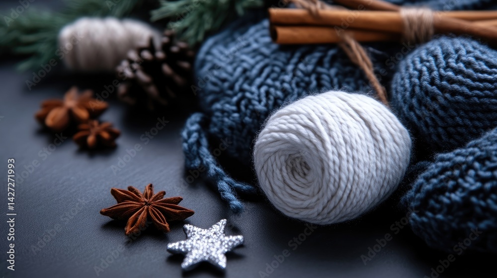 Fototapeta premium Cozy winter knitting supplies. A collection of yarn, cinnamon sticks, pine cones, and star ornaments on a dark background. Soft, muted colors