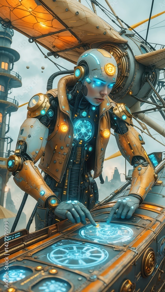 Futuristic humanoid robot operating a high-tech control panel in a steampunk-inspired environment