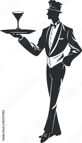 A sophisticated silhouette of a waiter serving a cocktail in a formal setting.