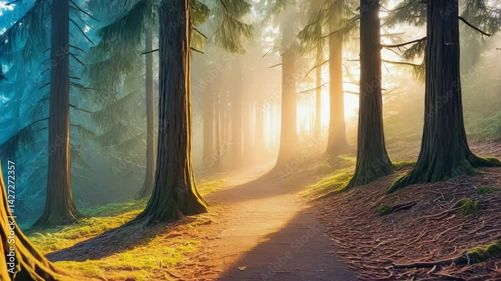 Serene tracking shot through a misty forest, where soft fog dances slowly between tree trunks and warm sun rays peek through the foliage. A tranquil and moody nature scene with deep cinematic ambiance