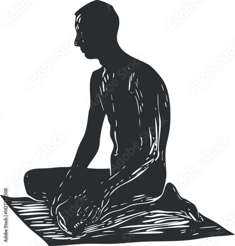 A silhouette of a man sitting in a meditative pose on a mat, embodying tranquility and wellness.