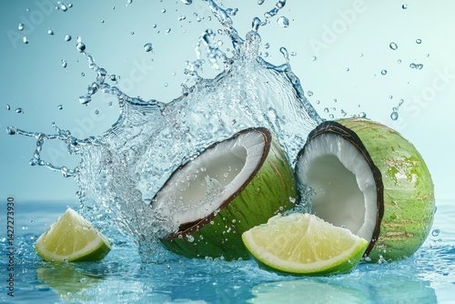 Coconuts and lime slices create a refreshing splash in turquoise water.
