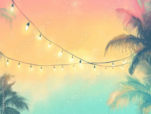 Tropical summer party background with hanging string lights and palm trees on a pastel sky sunset background Generative AI