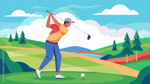 A picturesque scene unfolds as the golfer exees a smooth and controlled swing the ball rolling toward the hole on the perfectly kept course.. Vector illustration