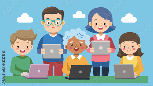 A group of children organizing a tech workshop for elderly members of their community teaching them how to use social media to connect with loved. Vector illustration