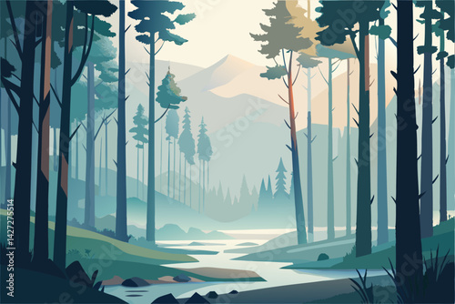 watercolor foggy forest in soft tones isolated on white background. misty morning in the forest