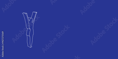 The outline of a large woman with hands up symbol made of white lines on the left. 3D view of the object in perspective. Vector illustration on indigo background