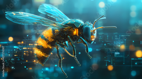 Peer into the digital apiary of the future drones equipped with cameras provide aerial views and data analysis of honeycomb frames. Infra Blossom. Illustration