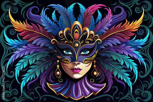 vector of A beautiful black Venetian mask with feathers swirls vibrantly on the mirror surface