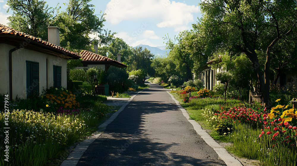 Fototapeta premium Charming Village Street With Colorful Flowers Under Sunny Sky
