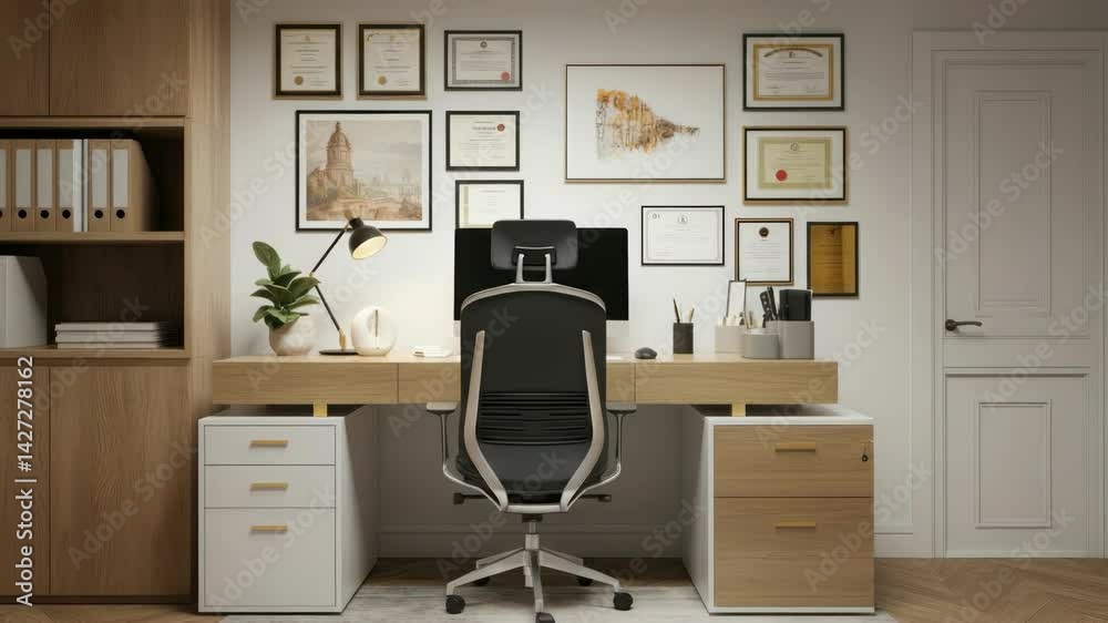 Modern home office setup with wall decor and certificates, organized workspace
