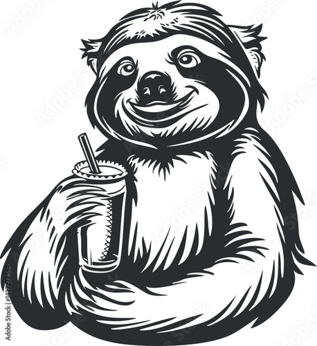 A playful illustration of a smiling sloth holding a tropical drink, exuding a relaxed vibe.