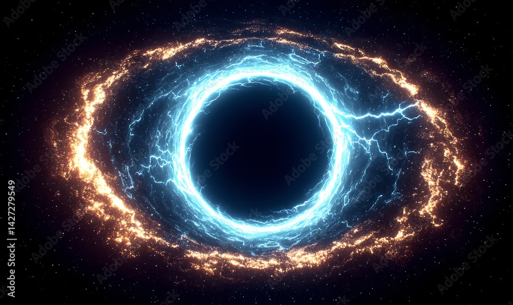 Obraz premium Neon blue electric spiral expanding through a starless cosmic void with cinematic depth