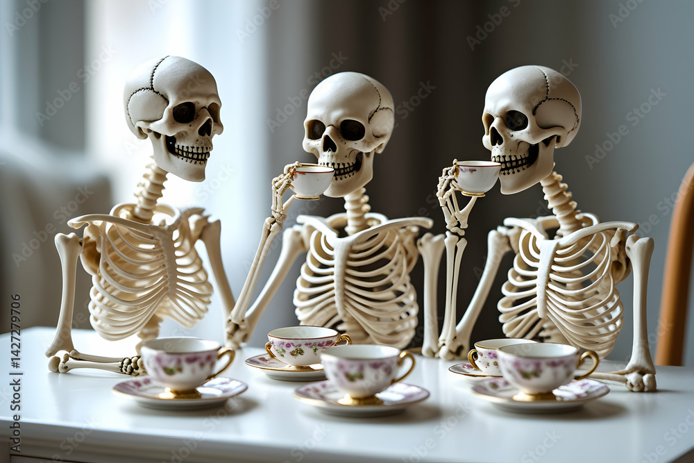 High-resolution, whimsical still life photograph featuring three miniature, ornate skeletal figures posed as if enjoying tea at a white table. Each skeleton should be delicately detailed, with visible High-resolution, whimsical still life photograph featuring three miniature, ornate skeletal figures posed as if enjoying tea at a white table. Each skeleton should be delicately detailed, with visible