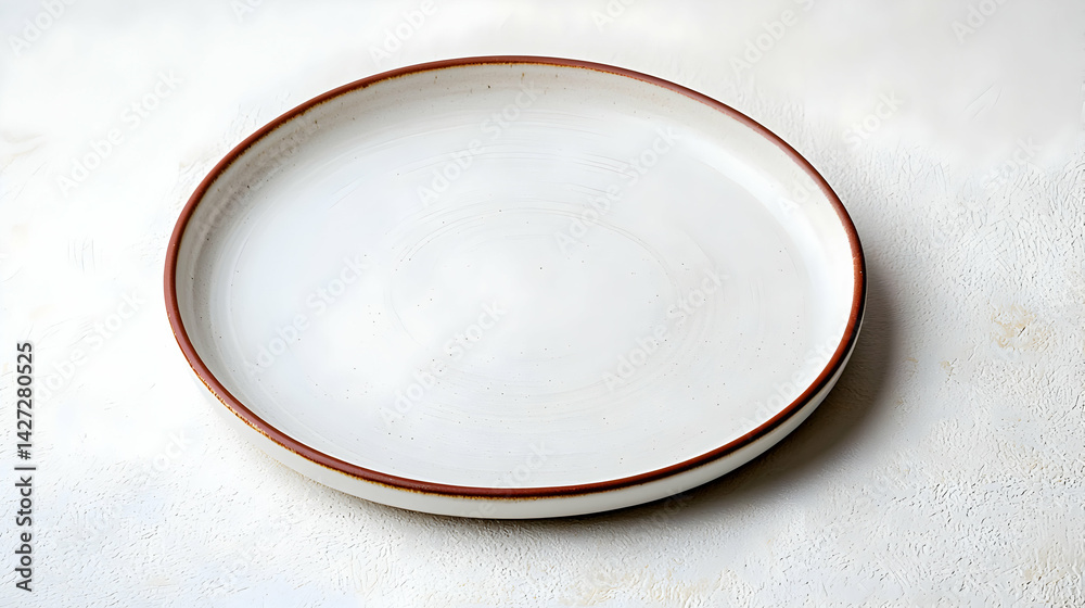 Empty Round White Ceramic Plate With Speckled Texture And Orange Rim Empty Round White Ceramic Plate With Speckled Texture And Orange Rim