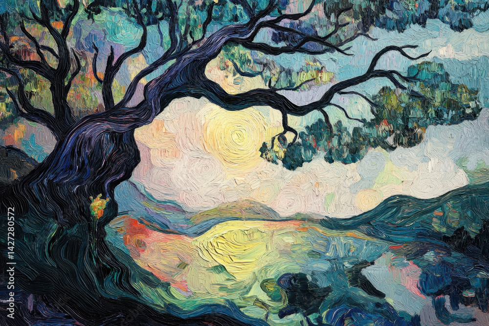 Vibrant painting of a lone tree against a dramatic sky with swirling clouds, capturing the essence of solitude and strength in nature. Vibrant painting of a lone tree against a dramatic sky with swirling clouds, capturing the essence of solitude and strength in nature.