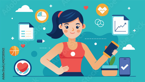 A young athlete uses her fitness app to track her progress in different sports and activities setting new goals to improve her overall fitness.. Vector illustration