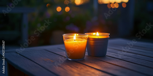 Enjoying summer evenings with citronella candles on a patio table at sunset