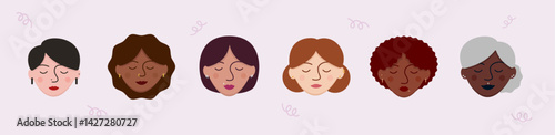 Hand drawn vector illustration set of women with piercings.  Diverse cartoon female faces with a variety of ear and facial piercings. Beauty, hair, piercing wellness graphics. Isolated elements.