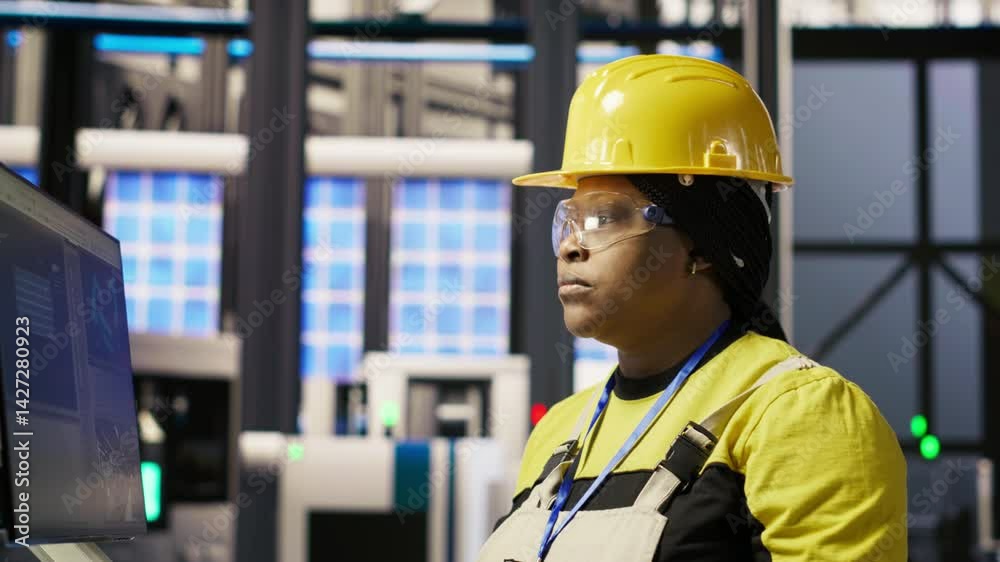Portrait of smiling woman in industry 4.0 solar panels plant producing renewable energy. Jolly engineer in photovoltaics smart factory analyzing data, reviewing system metrics, camera B