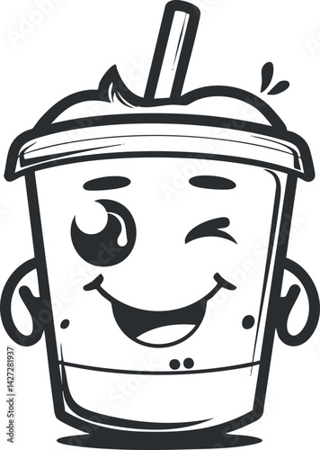 A cheerful cartoon drink character with a smiling face and straw, perfect for fun illustrations.