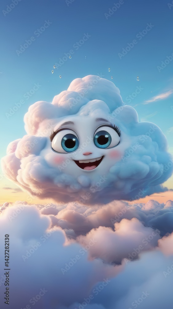 Fototapeta premium A cartoon cloud with a smiling face on it. The cloud is white and fluffy, and the face is blue and has big eyes. Scene is cheerful and lighthearted