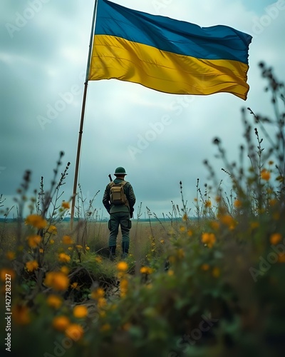 A silhouette of a man holds a yellow flag waving in the wind against a blue sky, a possible national symbol