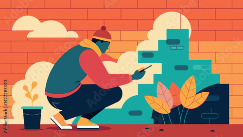 A street artist creates a beautiful mural on a brick wall the strokes of their paintbrush a form of meditation as they block out the chaos of the city. Vector illustration